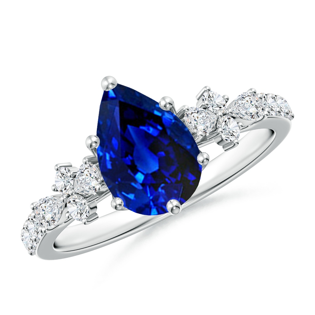 9x7mm Lab-Grown Pear-Shaped Blue Sapphire Side Stone Engagement Ring with Accents in White Gold