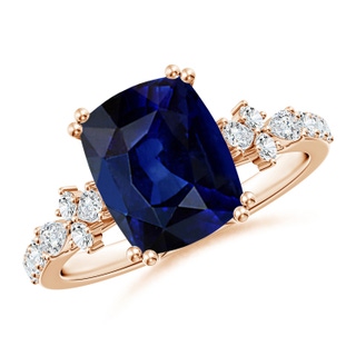 10x8mm AAA Emerald-Cut Blue Sapphire Side Stone Engagement Ring with Accents in Rose Gold