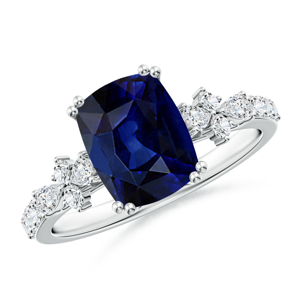 9x7mm AAA Emerald-Cut Blue Sapphire Side Stone Engagement Ring with Accents in White Gold