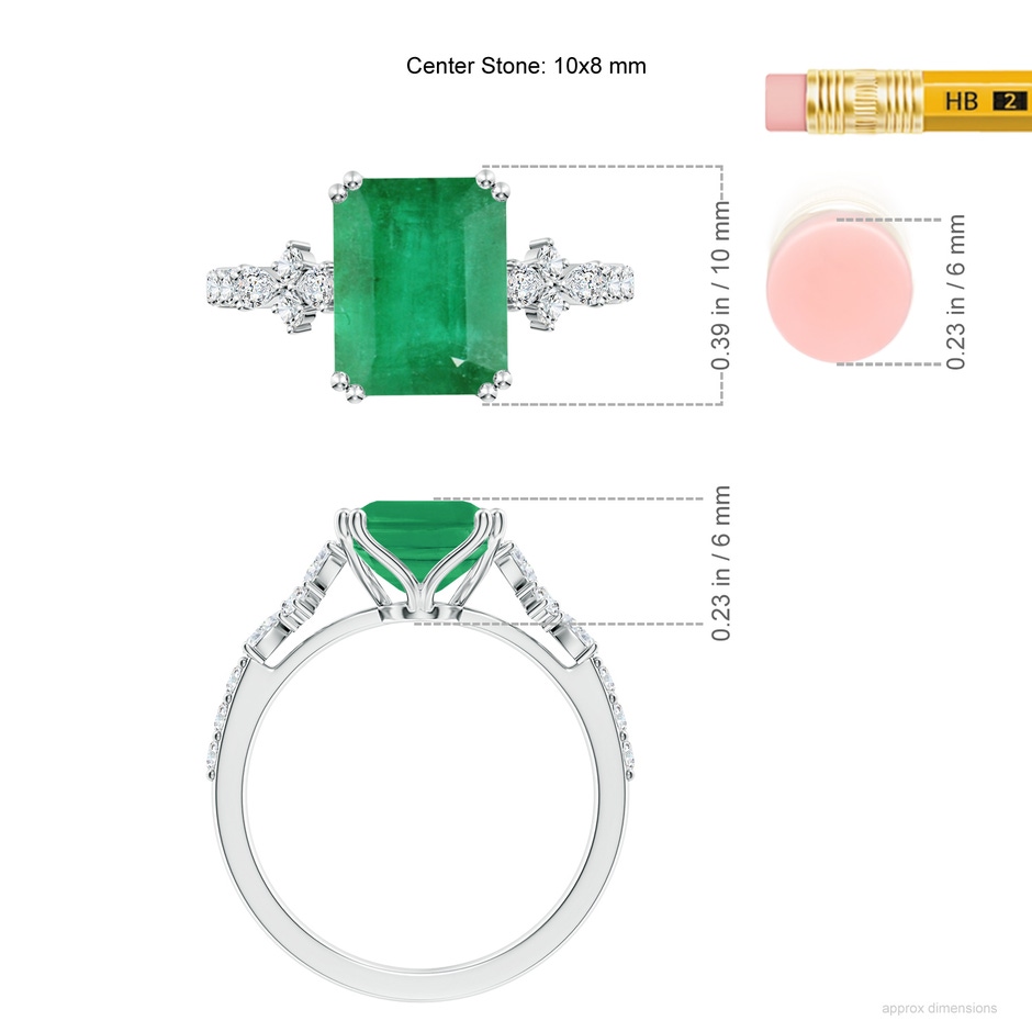 10x8mm A Cushion Rectangular Emerald Side Stone Engagement Ring with Accents in White Gold ruler