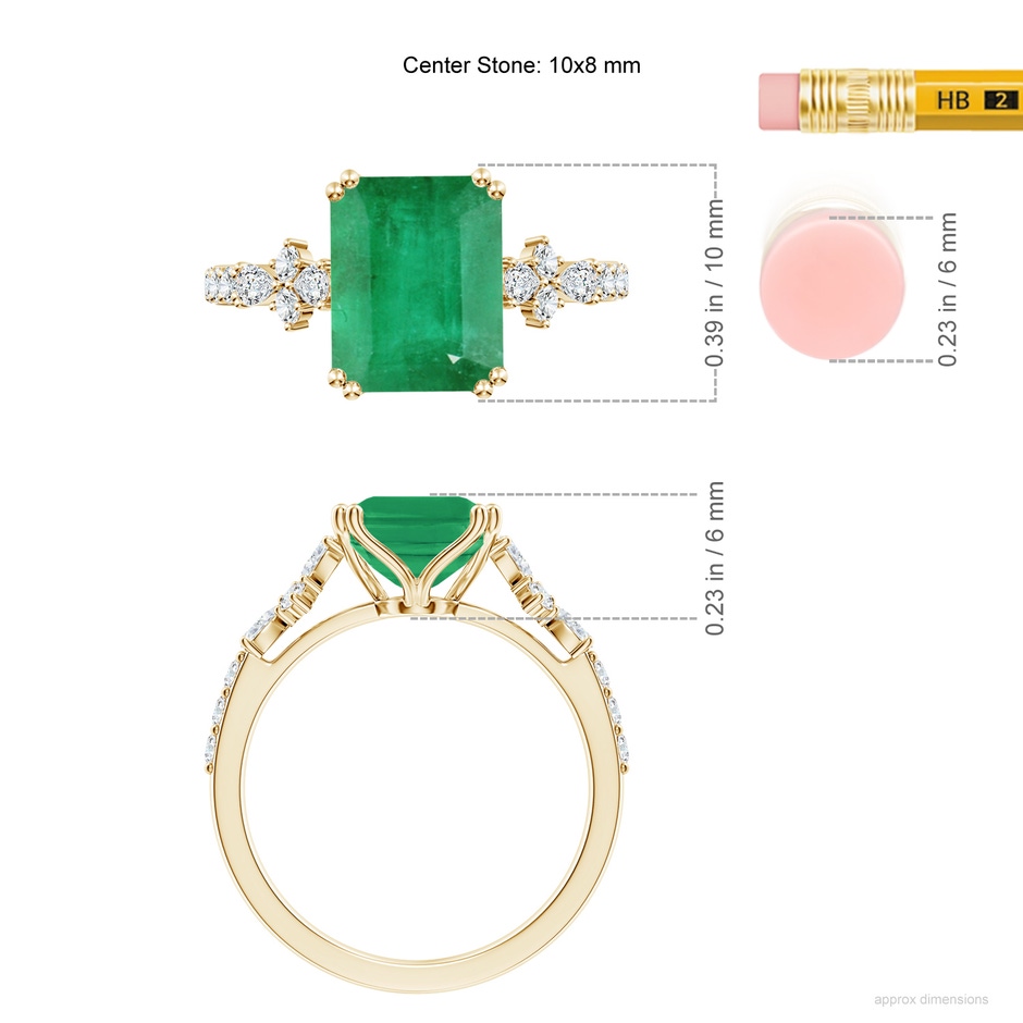 10x8mm A Cushion Rectangular Emerald Side Stone Engagement Ring with Accents in Yellow Gold ruler