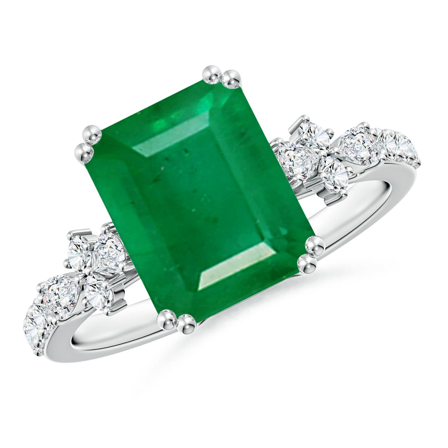 10x8mm AA Cushion Rectangular Emerald Side Stone Engagement Ring with Accents in White Gold