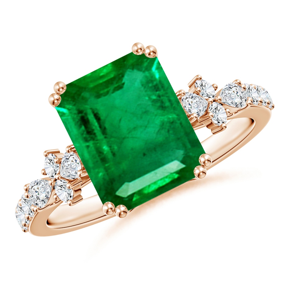 10x8mm AAA Cushion Rectangular Emerald Side Stone Engagement Ring with Accents in Rose Gold 