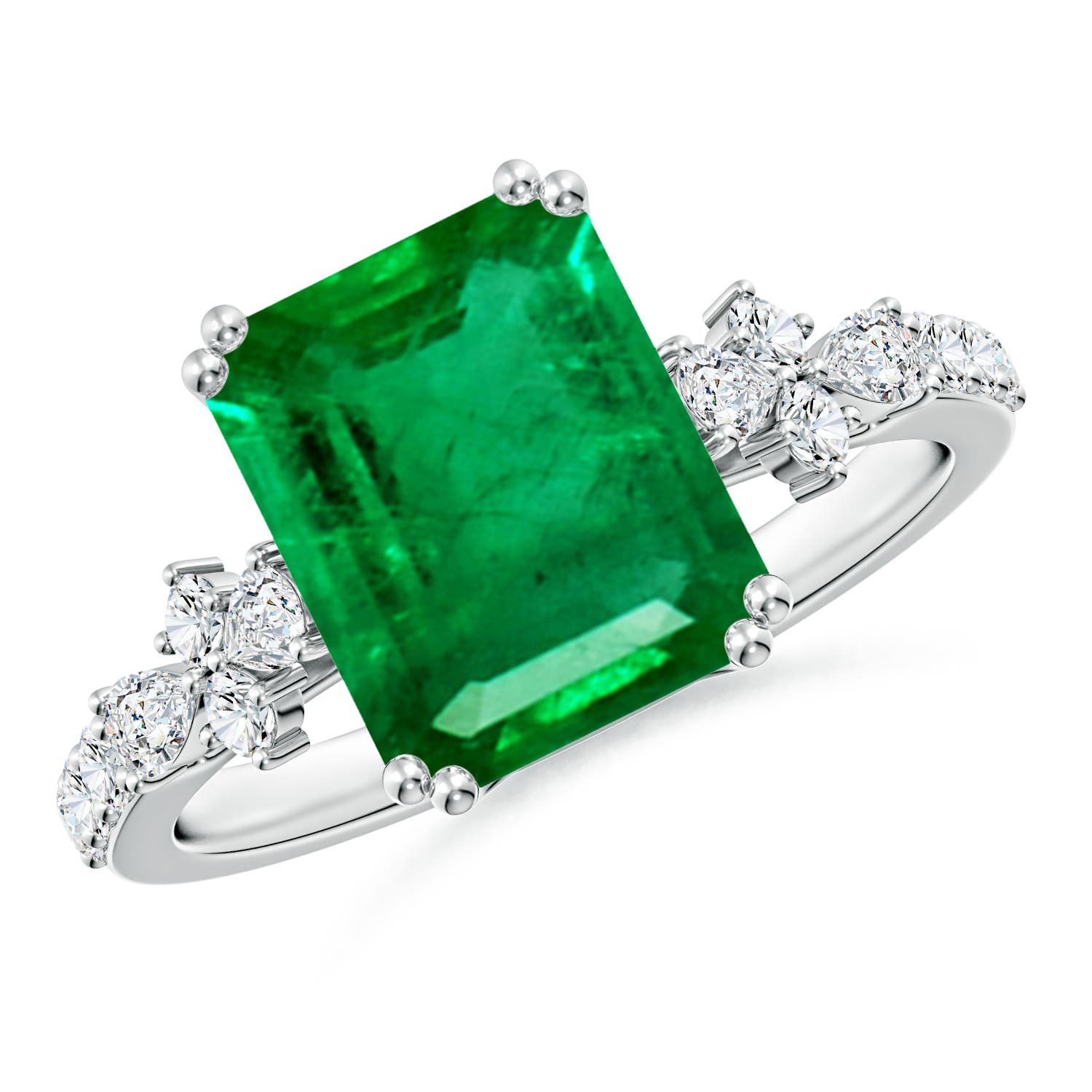 10x8mm AAA Cushion Rectangular Emerald Side Stone Engagement Ring with Accents in White Gold
