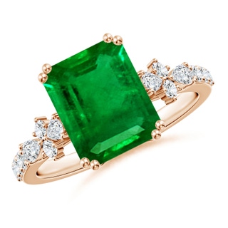 10x8mm AAAA Cushion Rectangular Emerald Side Stone Engagement Ring with Accents in 18K Rose Gold