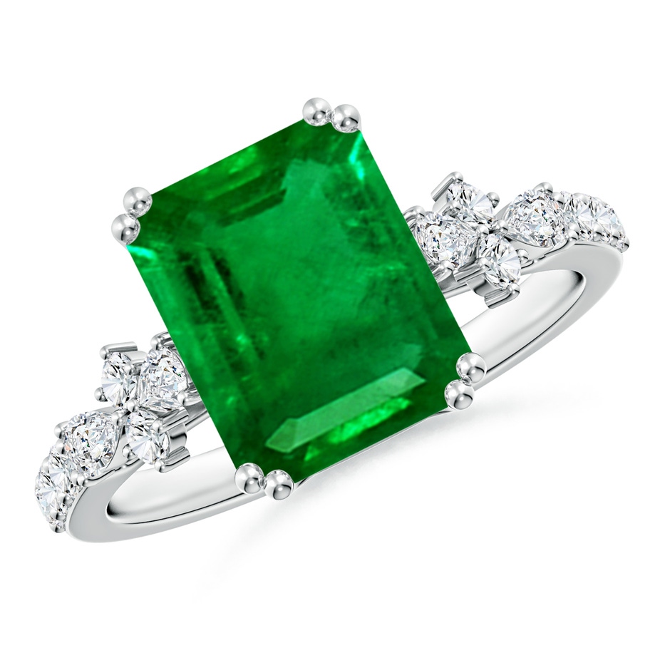 10x8mm AAAA Cushion Rectangular Emerald Side Stone Engagement Ring with Accents in P950 Platinum 