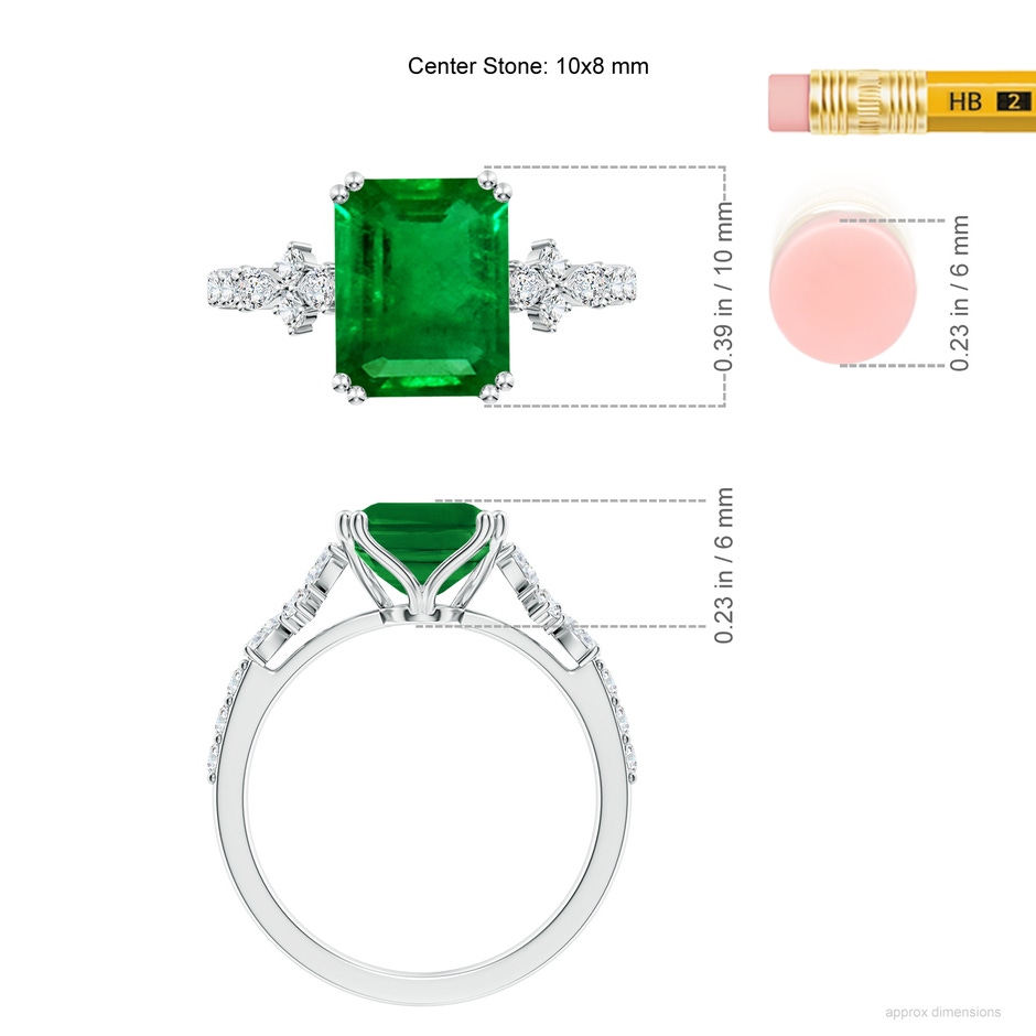 10x8mm AAAA Cushion Rectangular Emerald Side Stone Engagement Ring with Accents in P950 Platinum ruler