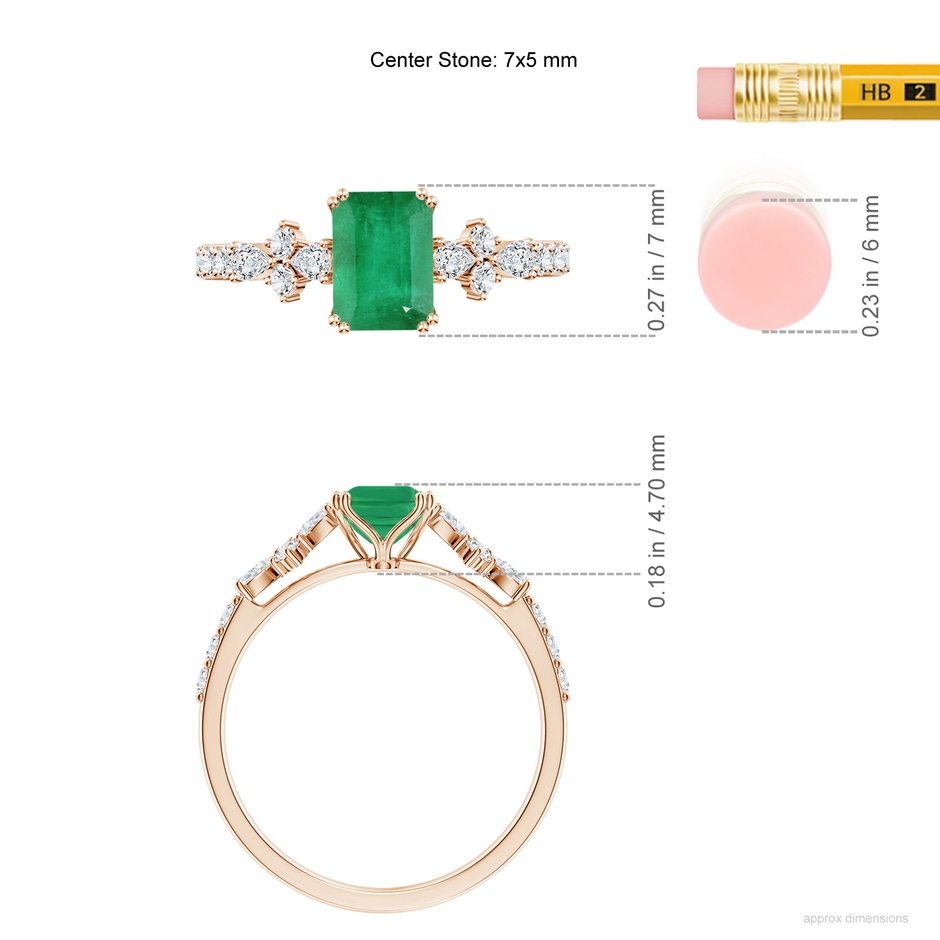 7x5mm A Cushion Rectangular Emerald Side Stone Engagement Ring with Accents in Rose Gold ruler