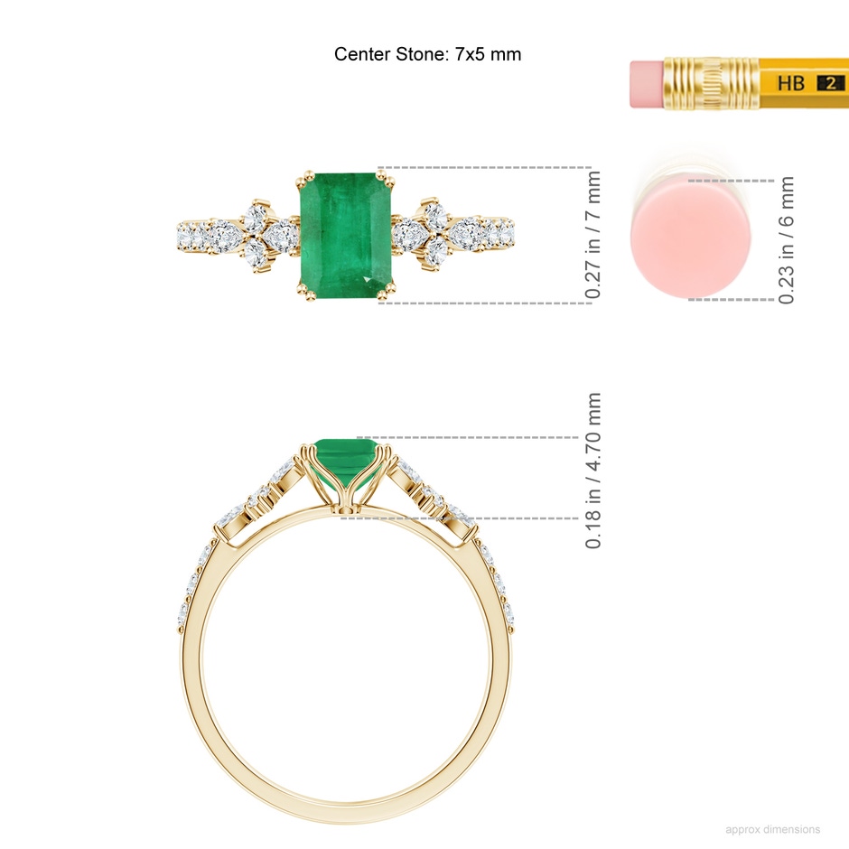 7x5mm A Cushion Rectangular Emerald Side Stone Engagement Ring with Accents in Yellow Gold ruler