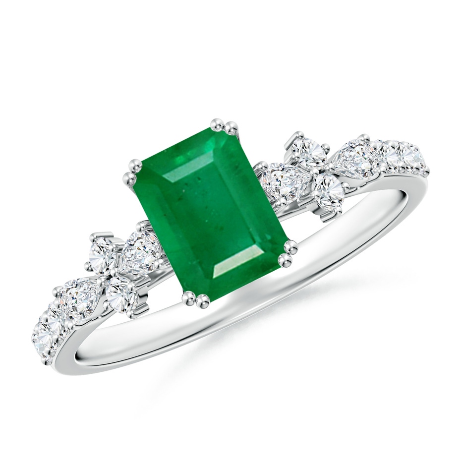 7x5mm AA Cushion Rectangular Emerald Side Stone Engagement Ring with Accents in White Gold 