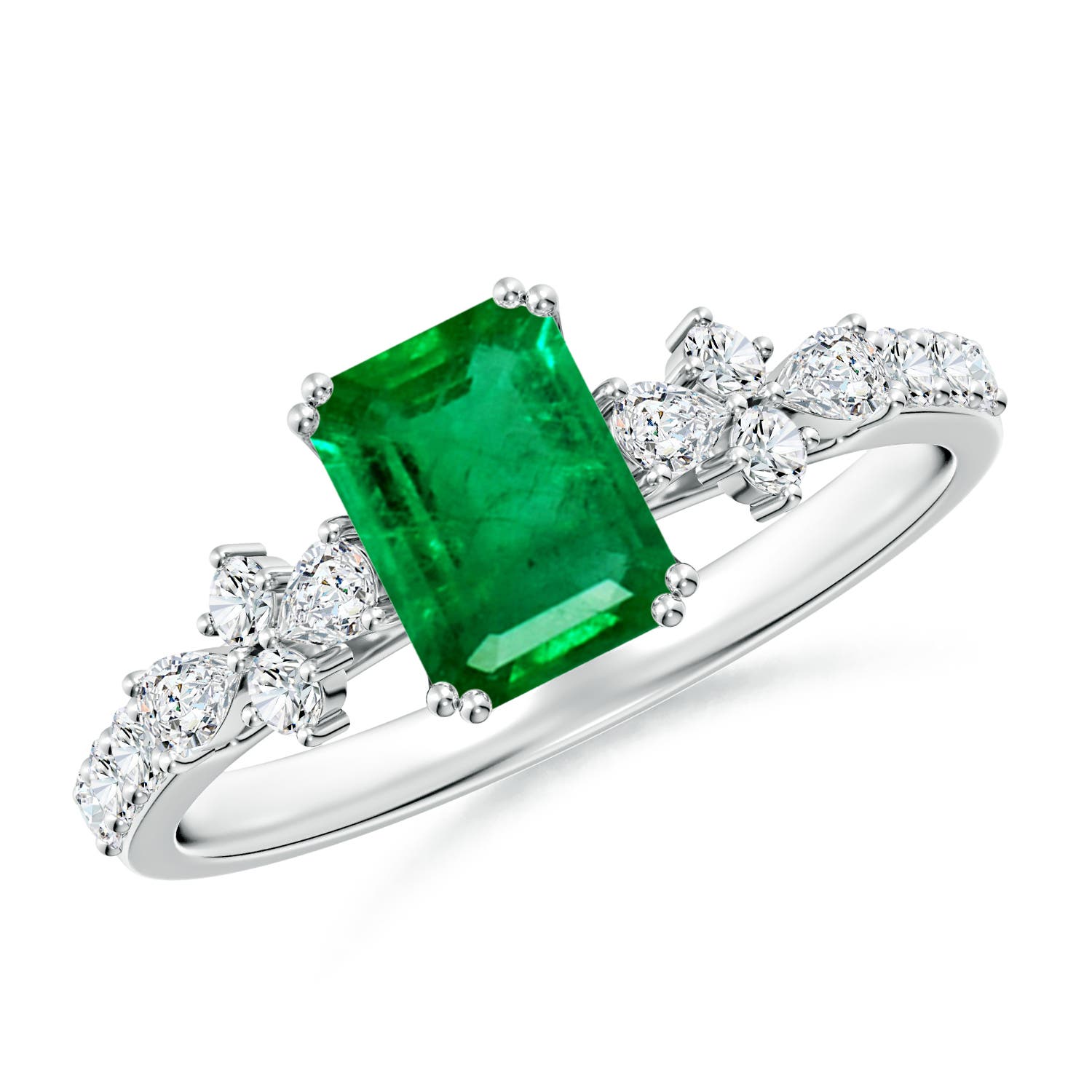 7x5mm AAA Cushion Rectangular Emerald Side Stone Engagement Ring with Accents in 18CT White Gold