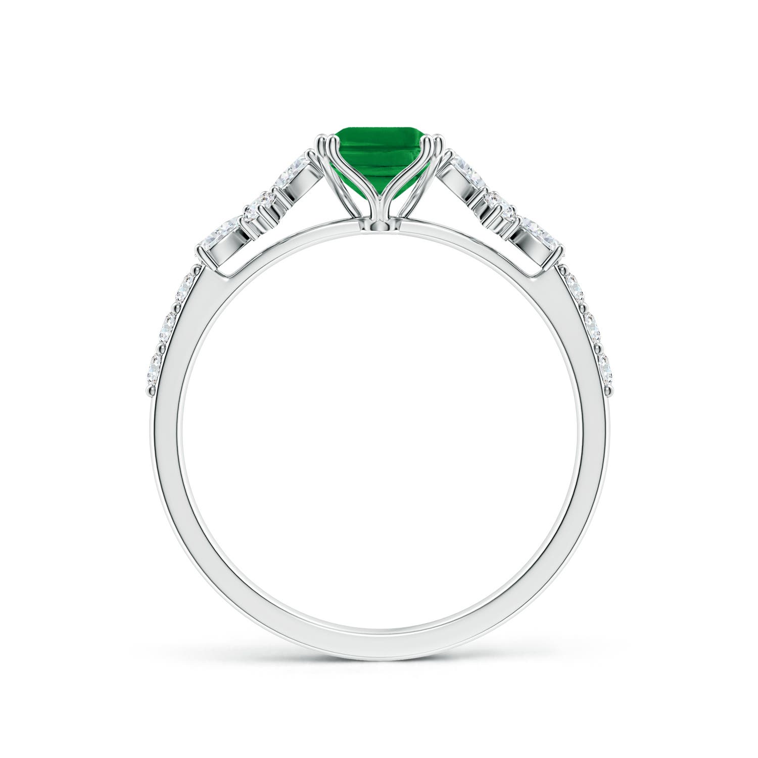 7x5mm AAA Cushion Rectangular Emerald Side Stone Engagement Ring with Accents in 18K White Gold