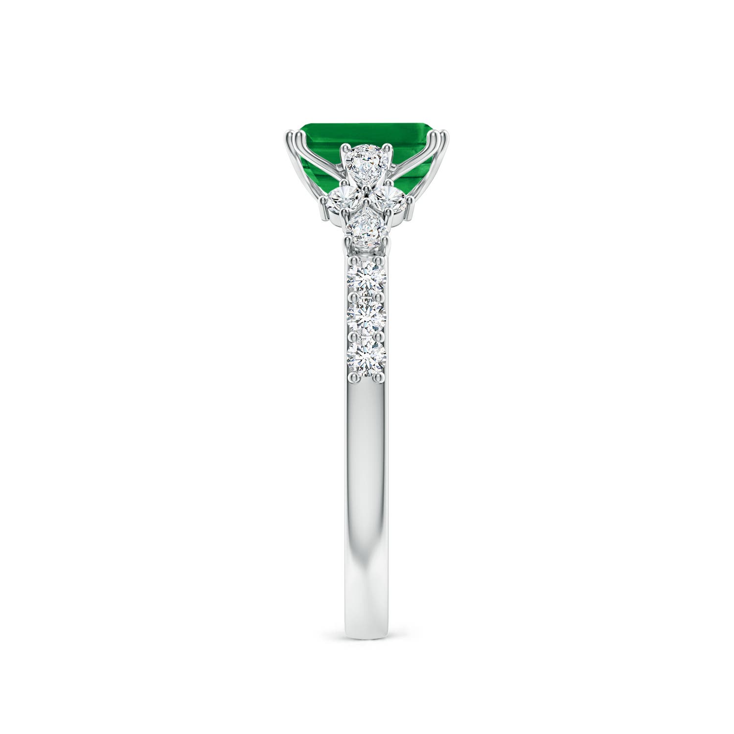 7x5mm AAA Cushion Rectangular Emerald Side Stone Engagement Ring with Accents in White Gold - side 3