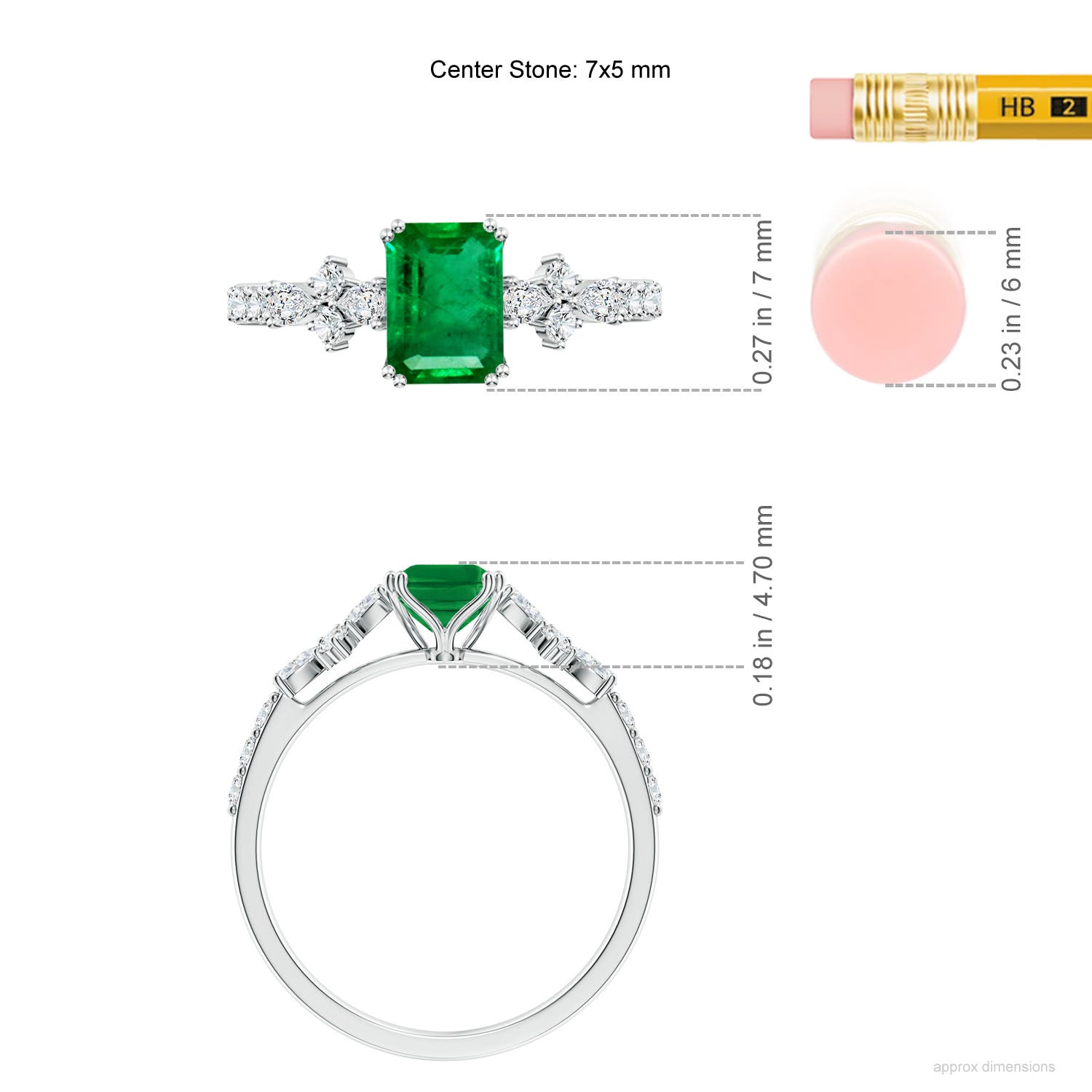 7x5mm AAA Cushion Rectangular Emerald Side Stone Engagement Ring with Accents in White Gold - ruler