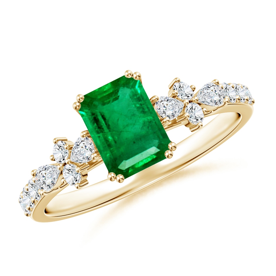 7x5mm AAA Cushion Rectangular Emerald Side Stone Engagement Ring with Accents in Yellow Gold 