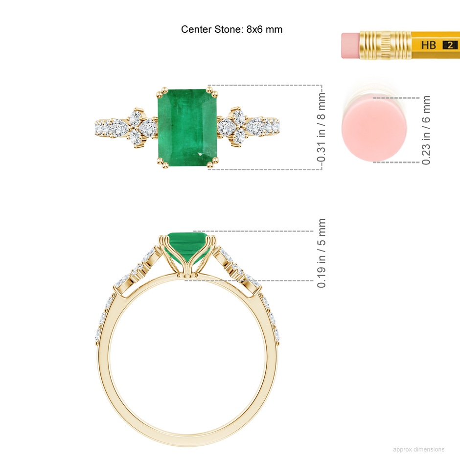 8x6mm A Cushion Rectangular Emerald Side Stone Engagement Ring with Accents in Yellow Gold ruler
