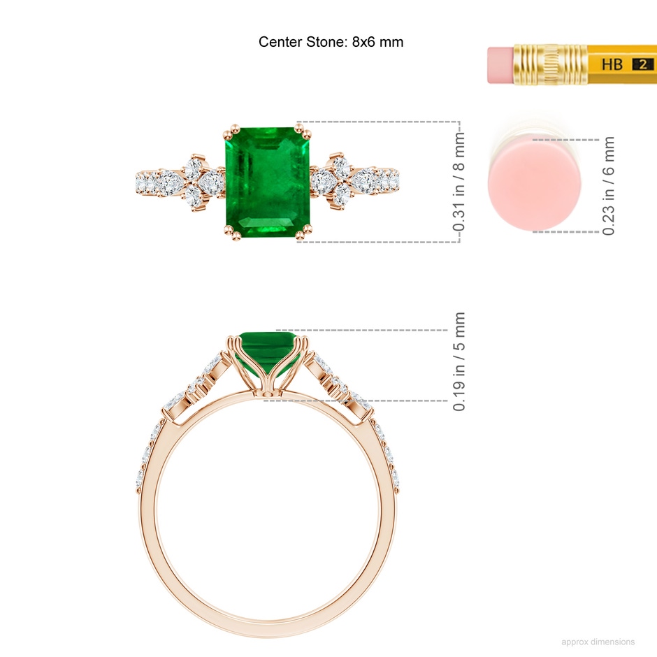 8x6mm AAAA Cushion Rectangular Emerald Side Stone Engagement Ring with Accents in Rose Gold ruler