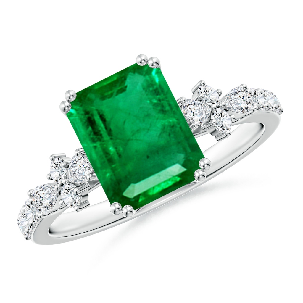 9x7mm AAA Cushion Rectangular Emerald Side Stone Engagement Ring with Accents in White Gold