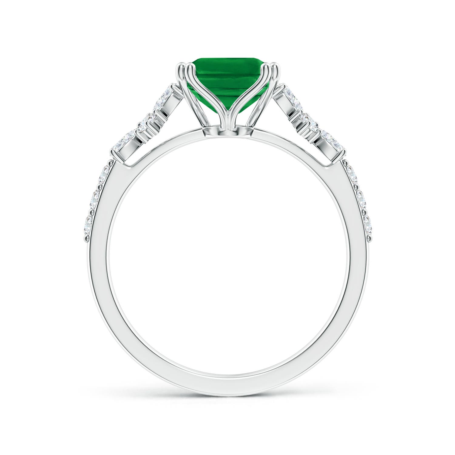 9x7mm AAA Cushion Rectangular Emerald Side Stone Engagement Ring with Accents in White Gold - side 2