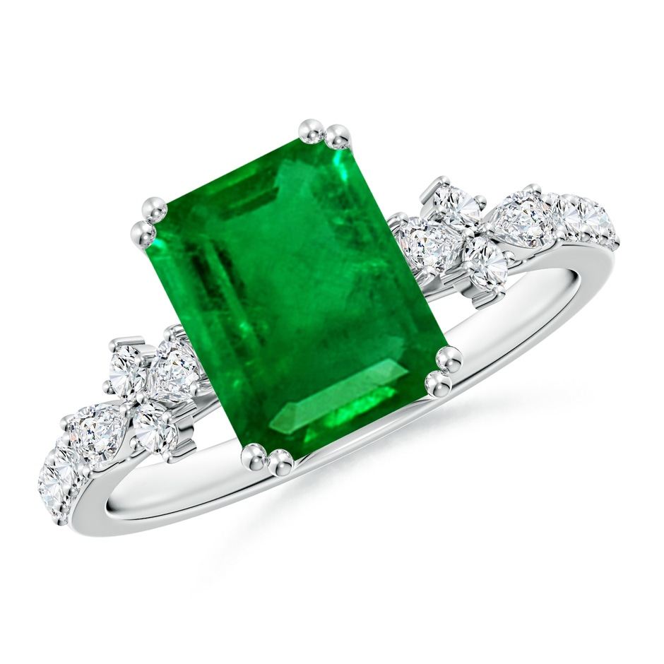 9x7mm AAAA Cushion Rectangular Emerald Side Stone Engagement Ring with Accents in P950 Platinum 