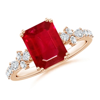 9x7mm AAA Cushion Rectangular Ruby Side Stone Engagement Ring with Accents in Rose Gold