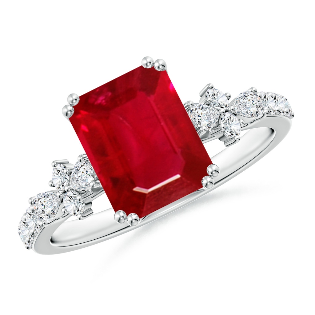 9x7mm AAA Cushion Rectangular Ruby Side Stone Engagement Ring with Accents in White Gold