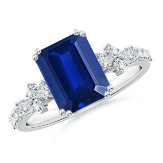 9x7mm AAAA Cushion Rectangular Blue Sapphire Side Stone Engagement Ring with Accents in P950 Platinum