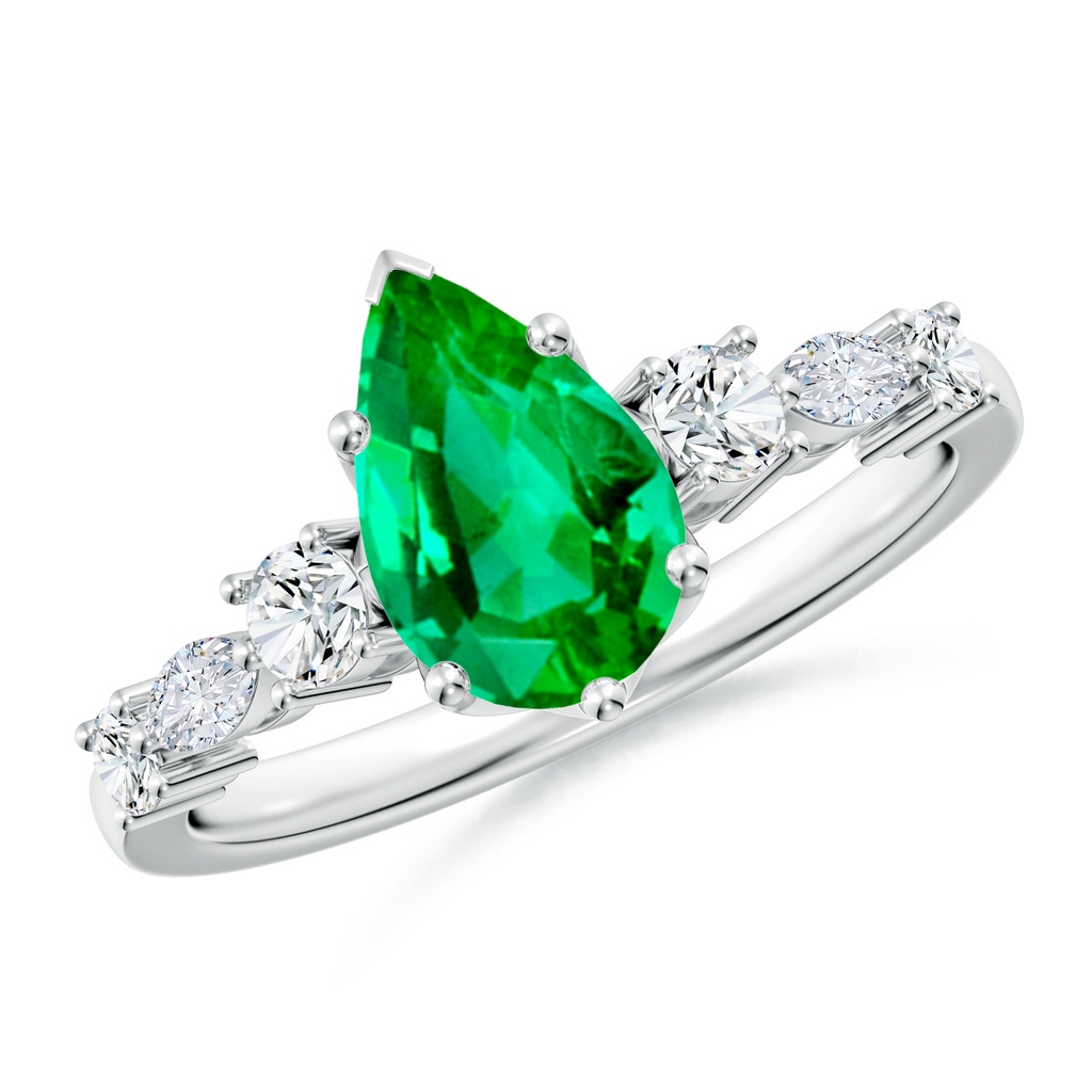 9x7mm AAA Classic Pear Emerald Side Stone Engagement Ring in White Gold