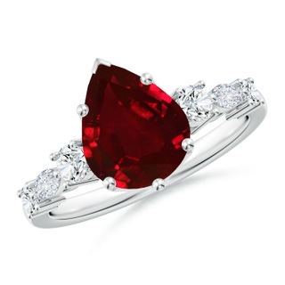 10x8mm AAAA Classic Pear Ruby Side Stone Engagement Ring in P950 Platinum