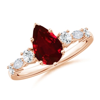 9x7mm AAAA Classic Pear Ruby Side Stone Engagement Ring in 9K Rose Gold