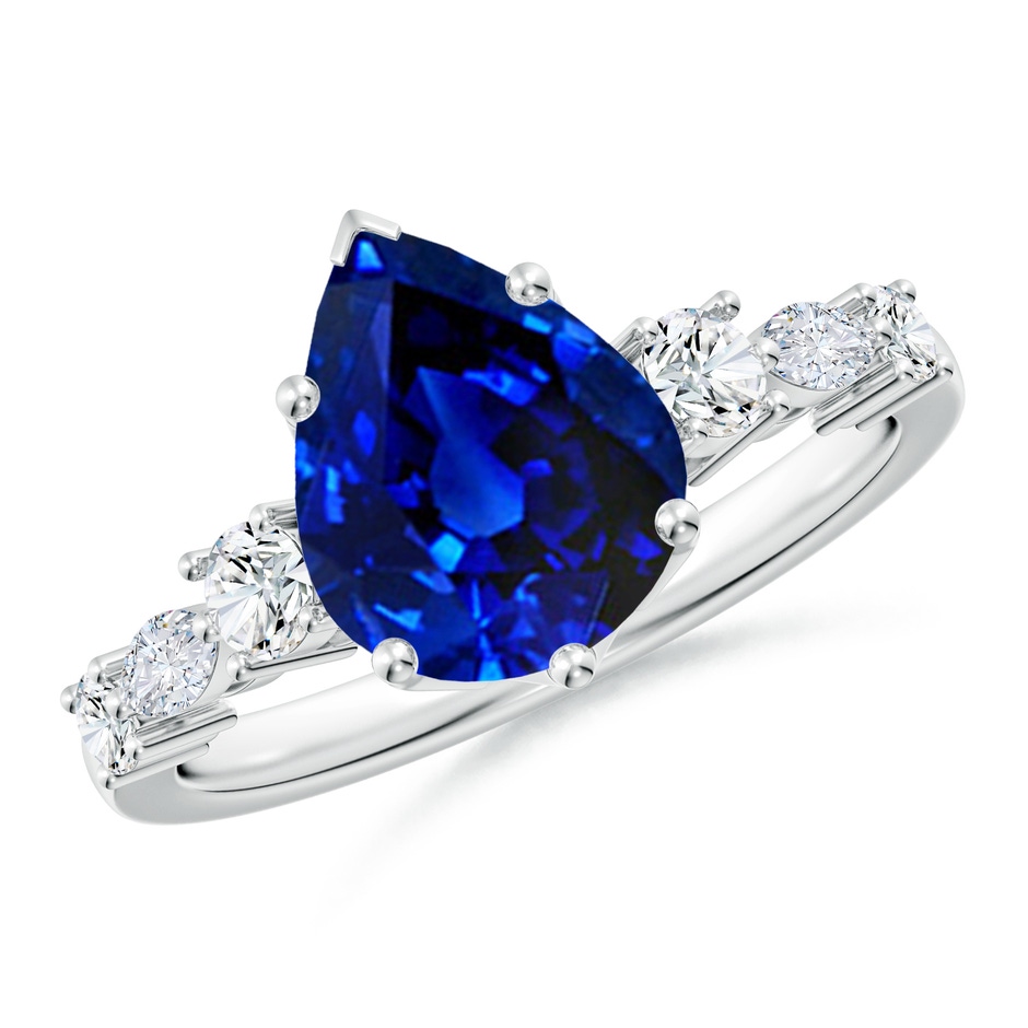 10x8mm Lab-Grown Classic Pear Blue Sapphire Side Stone Engagement Ring in White Gold 