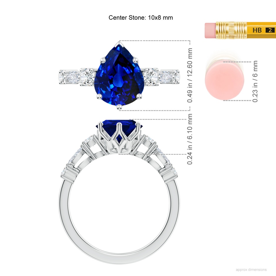 10x8mm Lab-Grown Classic Pear Blue Sapphire Side Stone Engagement Ring in White Gold ruler