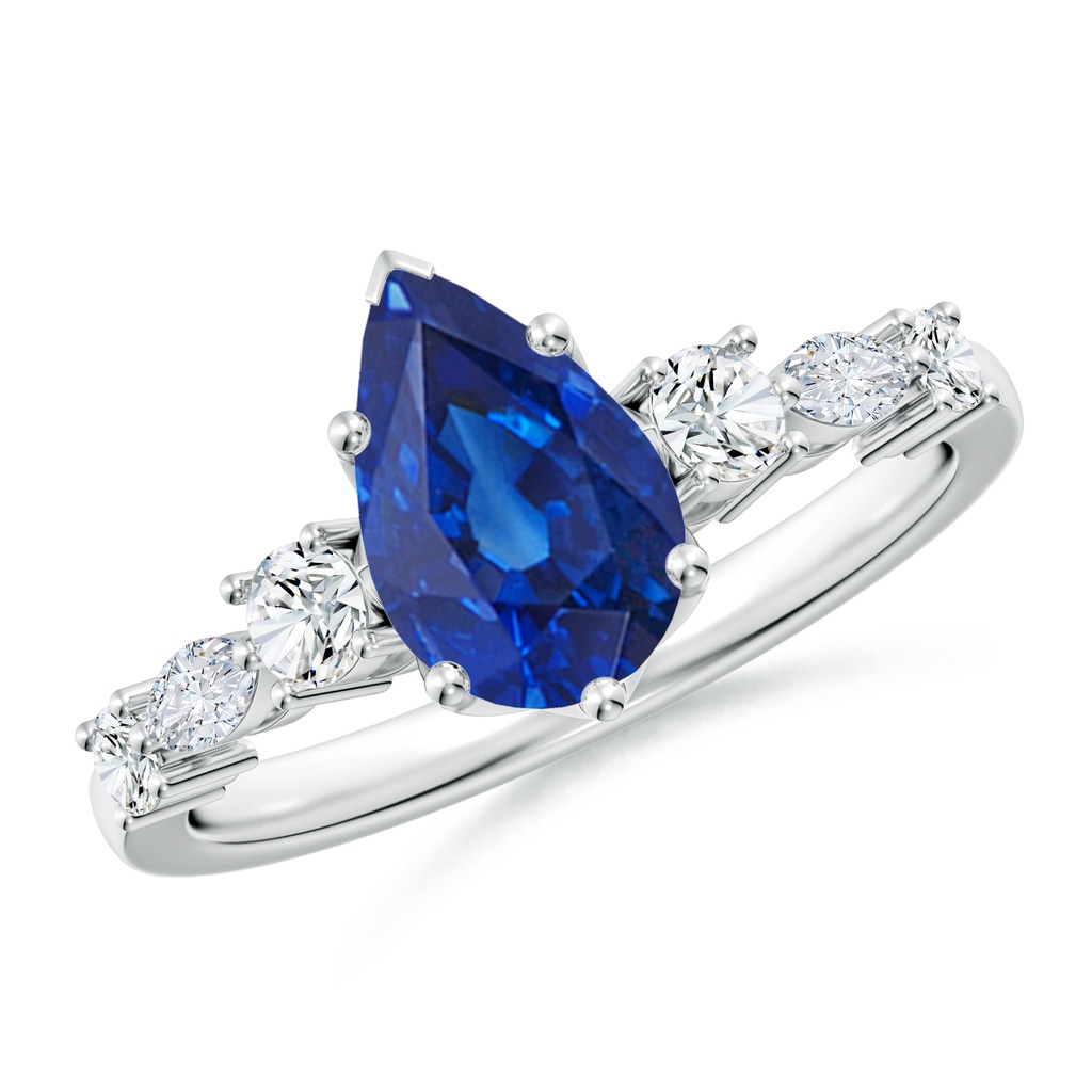 9x7mm AAA Classic Pear Blue Sapphire Side Stone Engagement Ring in White Gold