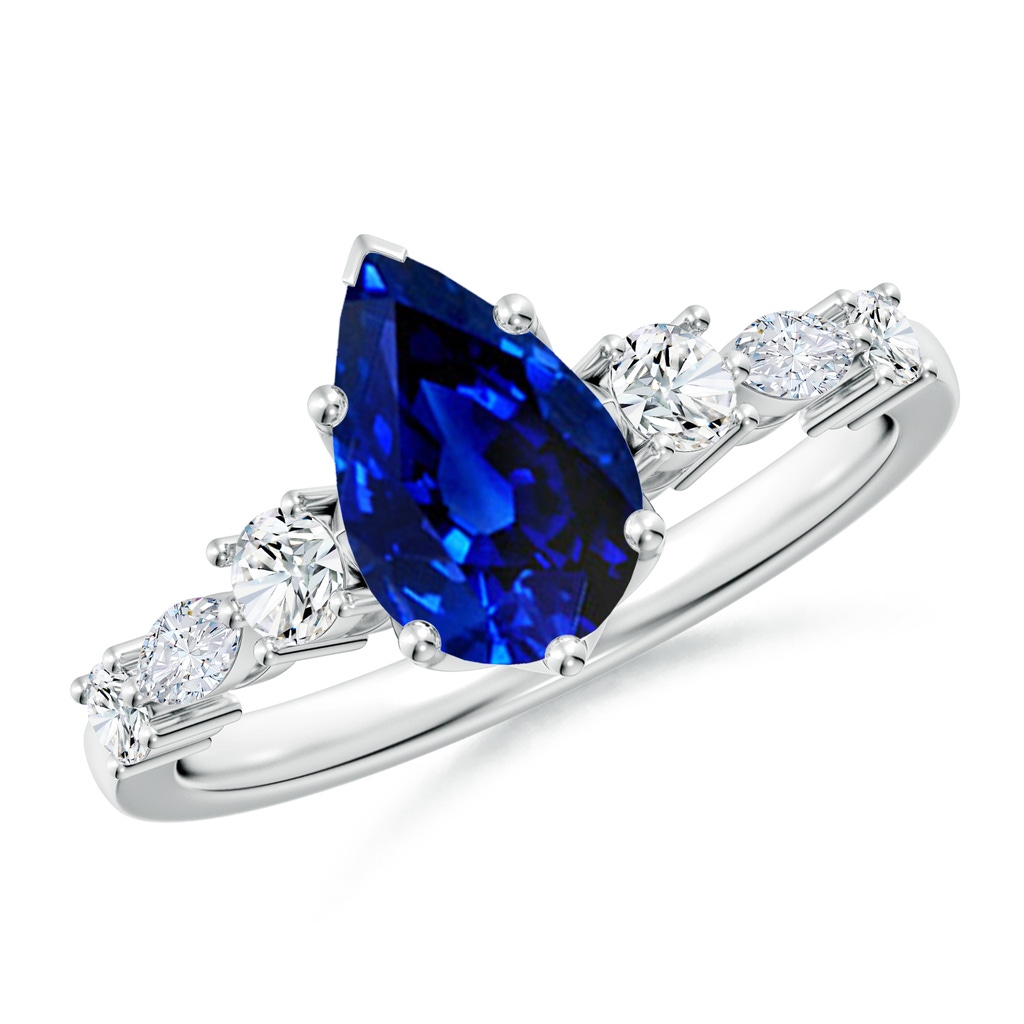 9x7mm Lab-Grown Classic Pear Blue Sapphire Side Stone Engagement Ring in White Gold