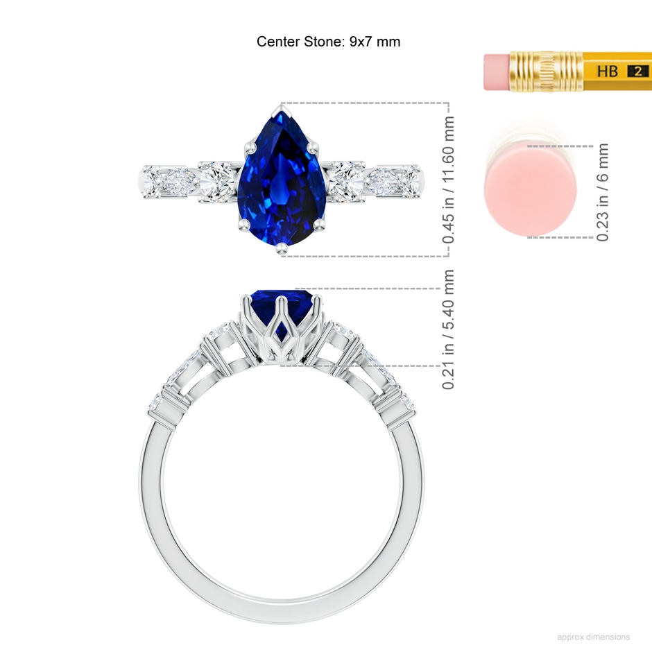 9x7mm Lab-Grown Classic Pear Blue Sapphire Side Stone Engagement Ring in White Gold ruler