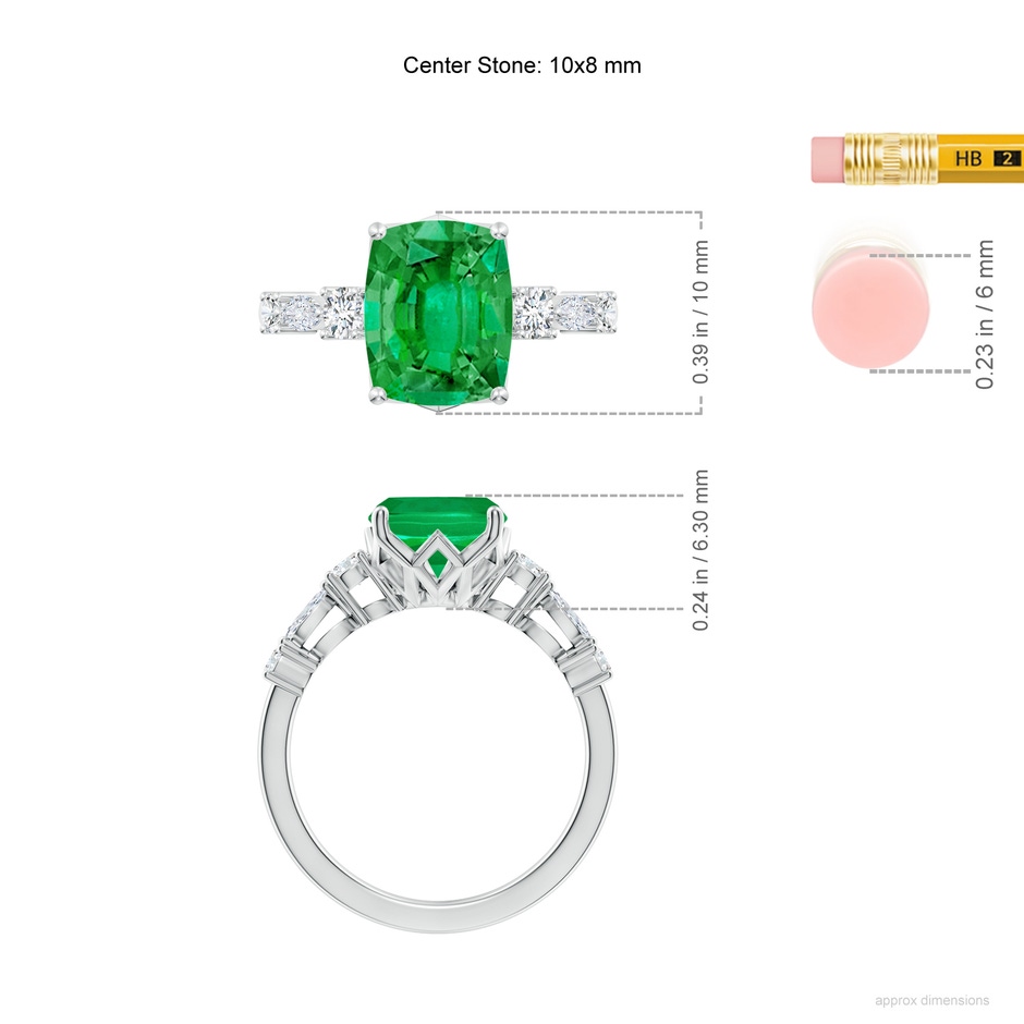 10x8mm AAA Classic Cushion Rectangular Emerald Side Stone Engagement Ring in 18K White Gold ruler