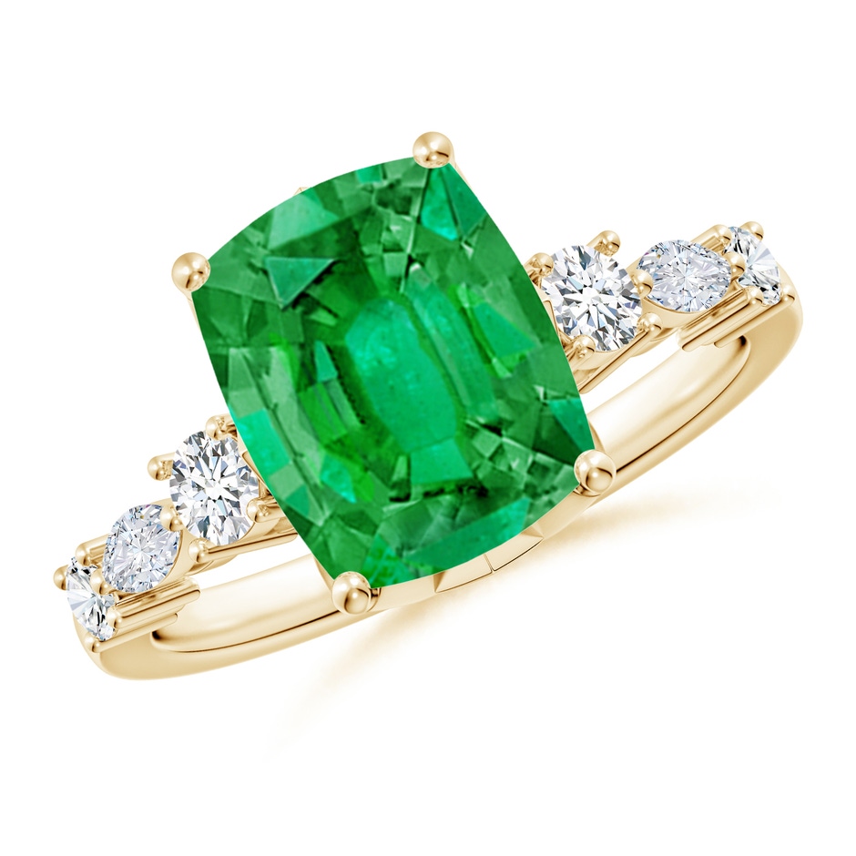 10x8mm AAA Classic Cushion Rectangular Emerald Side Stone Engagement Ring in Yellow Gold 