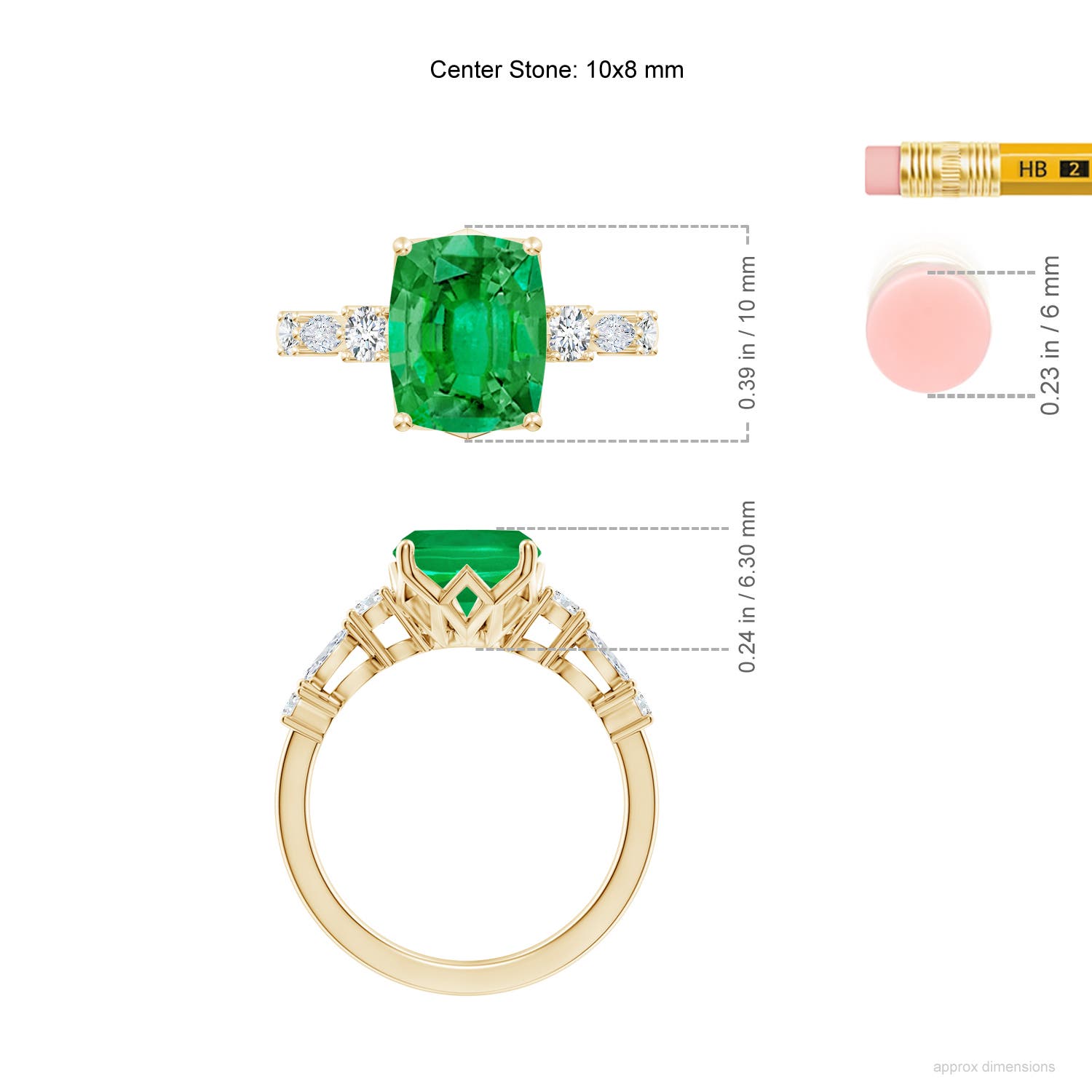 10x8mm AAA Classic Cushion Rectangular Emerald Side Stone Engagement Ring in Yellow Gold - ruler