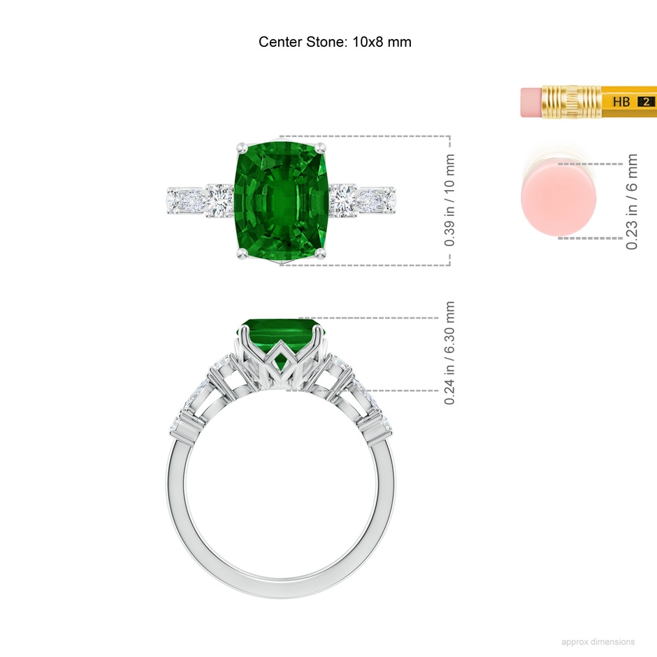 10x8mm AAAA Classic Cushion Rectangular Emerald Side Stone Engagement Ring in P950 Platinum ruler