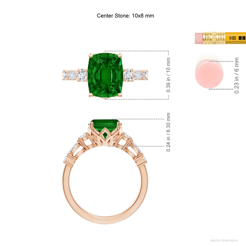 10x8mm AAAA Classic Cushion Rectangular Emerald Side Stone Engagement Ring in Rose Gold ruler