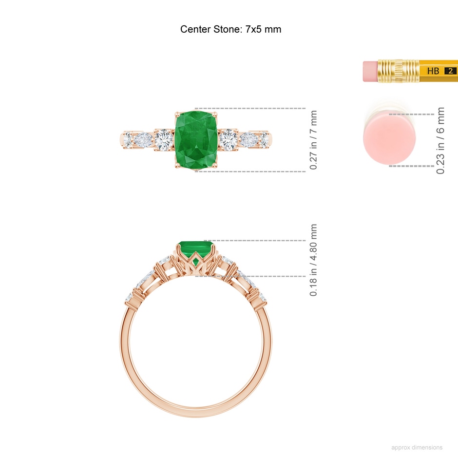 7x5mm A Classic Cushion Rectangular Emerald Side Stone Engagement Ring in Rose Gold ruler