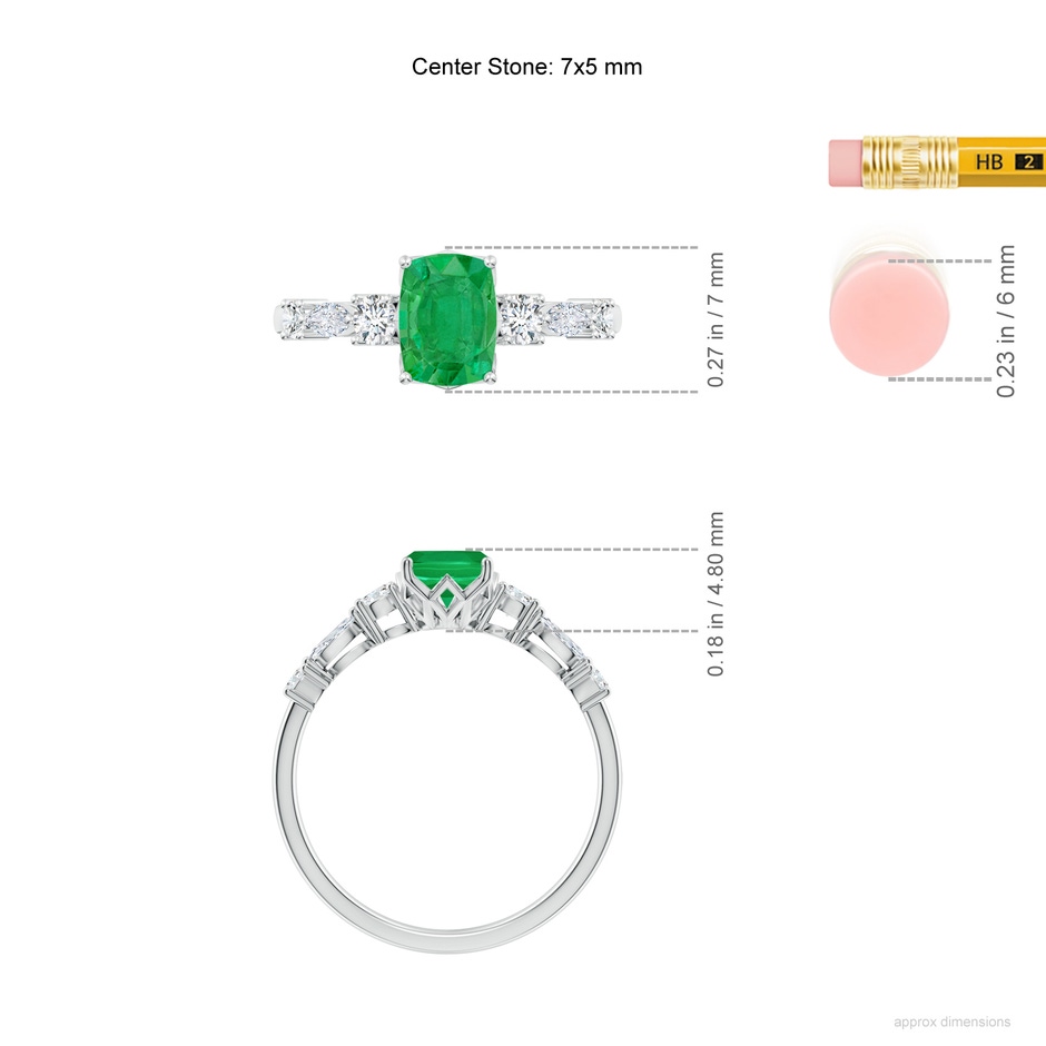 7x5mm AA Classic Cushion Rectangular Emerald Side Stone Engagement Ring in White Gold ruler