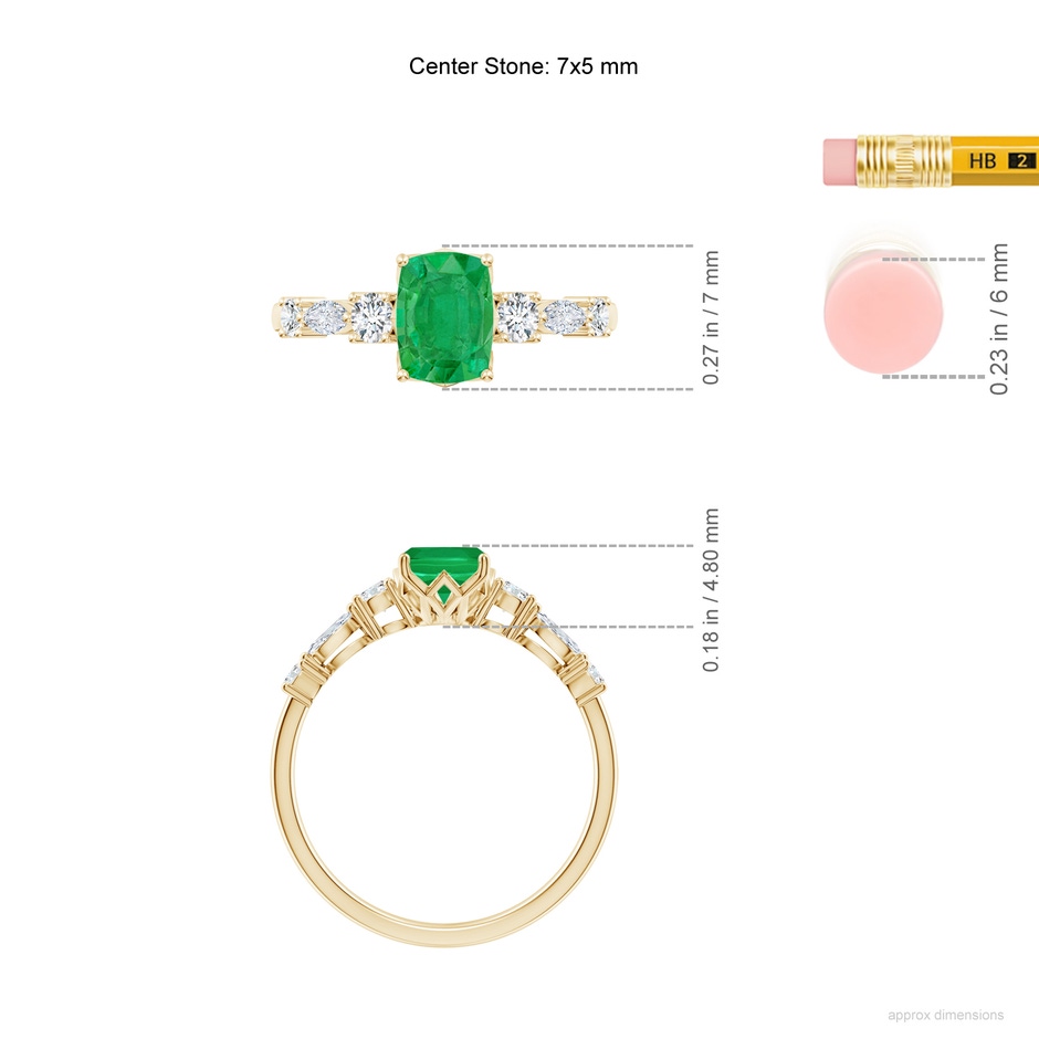 7x5mm AA Classic Cushion Rectangular Emerald Side Stone Engagement Ring in Yellow Gold ruler