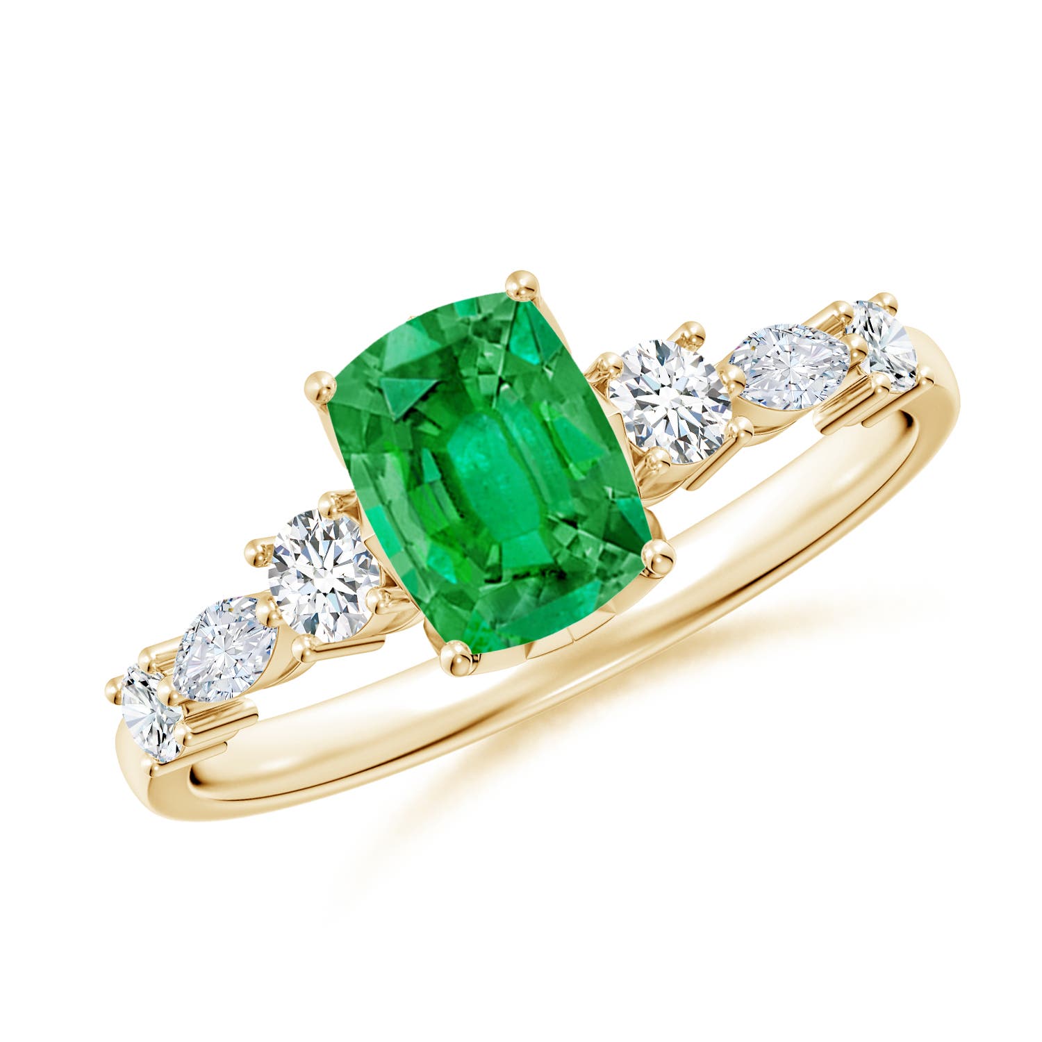 7x5mm AAA Classic Cushion Rectangular Emerald Side Stone Engagement Ring in Yellow Gold