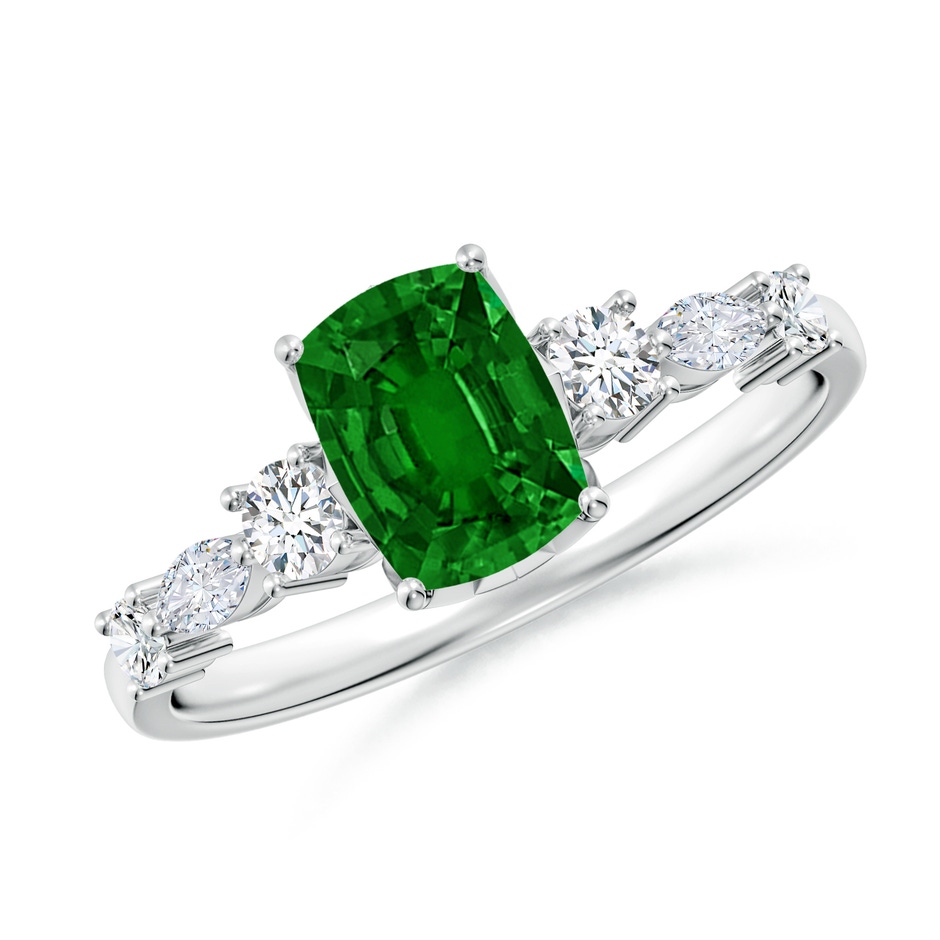 7x5mm AAAA Classic Cushion Rectangular Emerald Side Stone Engagement Ring in White Gold 