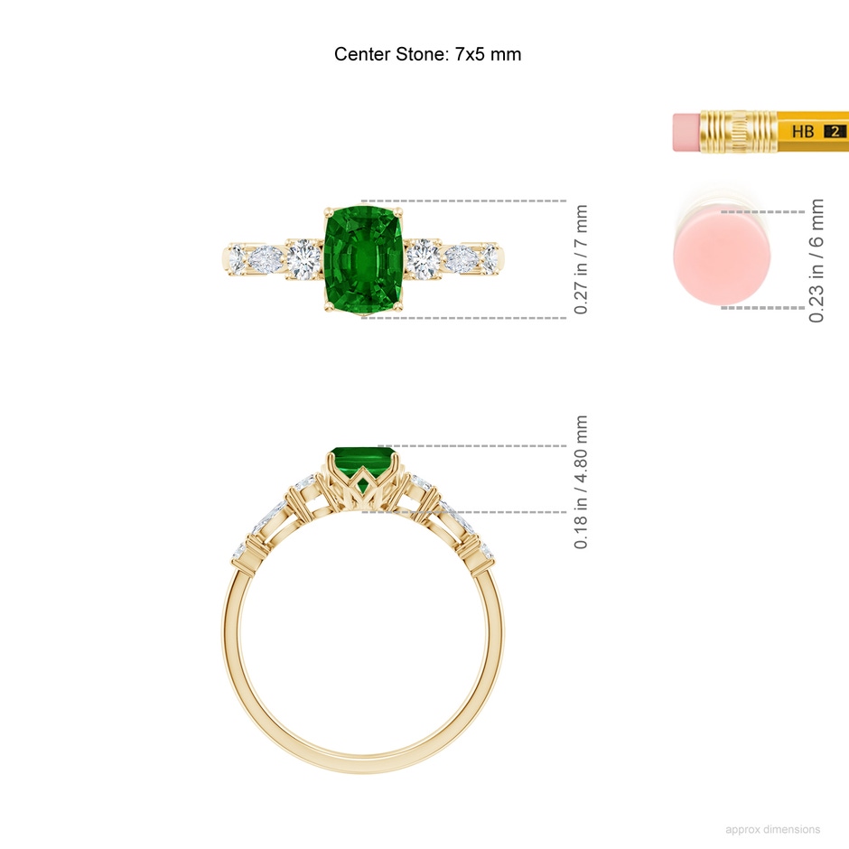 7x5mm AAAA Classic Cushion Rectangular Emerald Side Stone Engagement Ring in Yellow Gold ruler