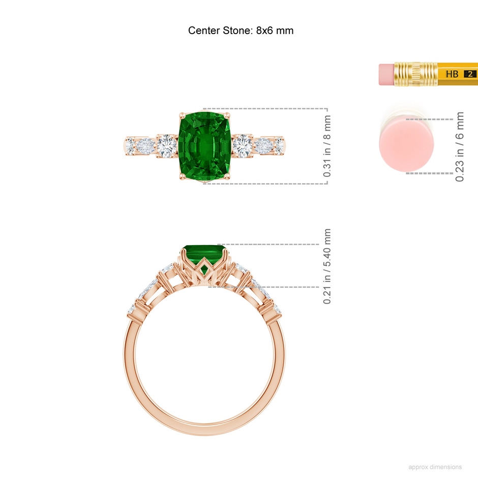 8x6mm AAAA Classic Cushion Rectangular Emerald Side Stone Engagement Ring in Rose Gold ruler