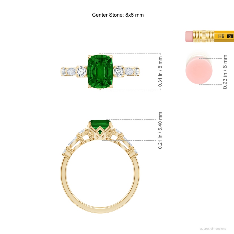 8x6mm AAAA Classic Cushion Rectangular Emerald Side Stone Engagement Ring in Yellow Gold ruler