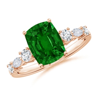 9x7mm AAAA Classic Cushion Rectangular Emerald Side Stone Engagement Ring in 18K Rose Gold