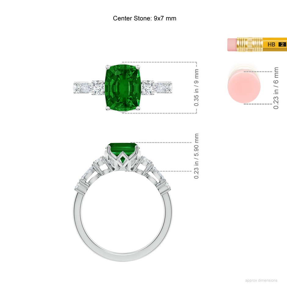 9x7mm AAAA Classic Cushion Rectangular Emerald Side Stone Engagement Ring in P950 Platinum ruler